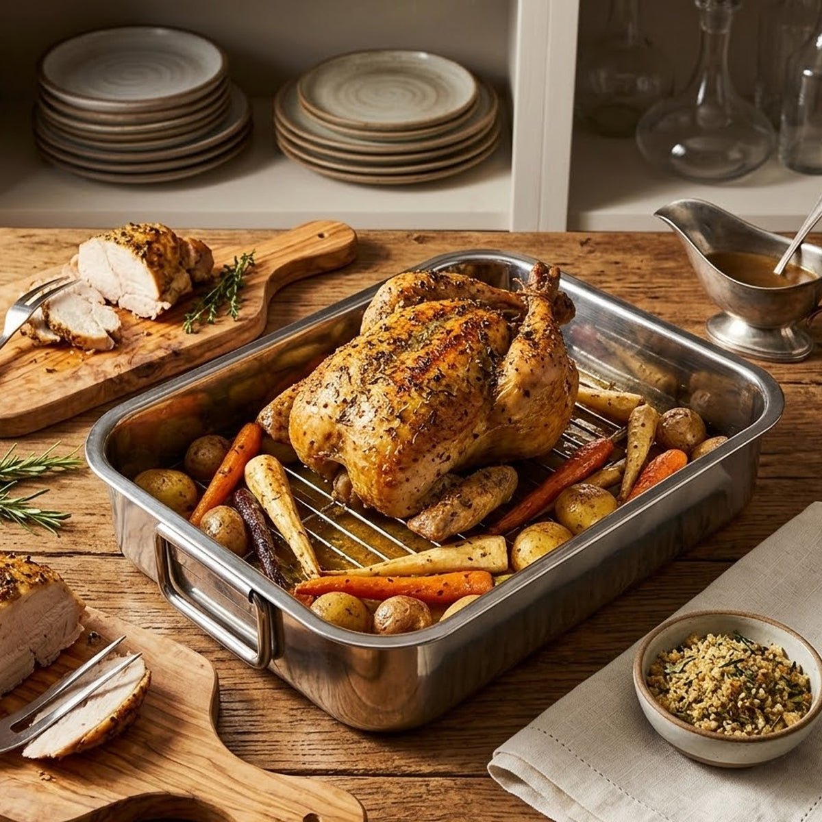 Bandeja para Horno Rectangular de Acero Inoxidable con Rejilla y Accesorios - Imova.pe