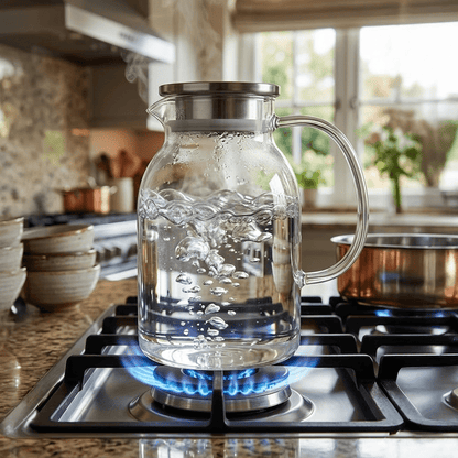 Jarra de Vidrio Borosilicato 2200 ml con Tapa de Acero – Resistente a Fuego Directo - Imova.pe