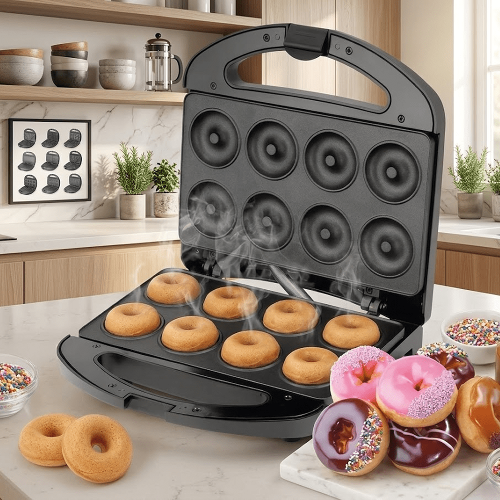 Máquina de Mini Donas 8 en 1 con Placas Intercambiables - Acero Inoxidable - Imova.pe