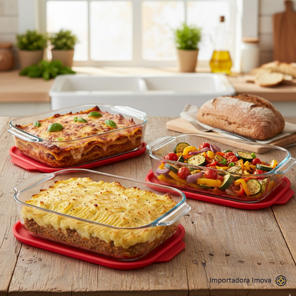 Set de 3 Fuentes de Vidrio con Tapa Hermética | Apto para Horno - Imova.pe