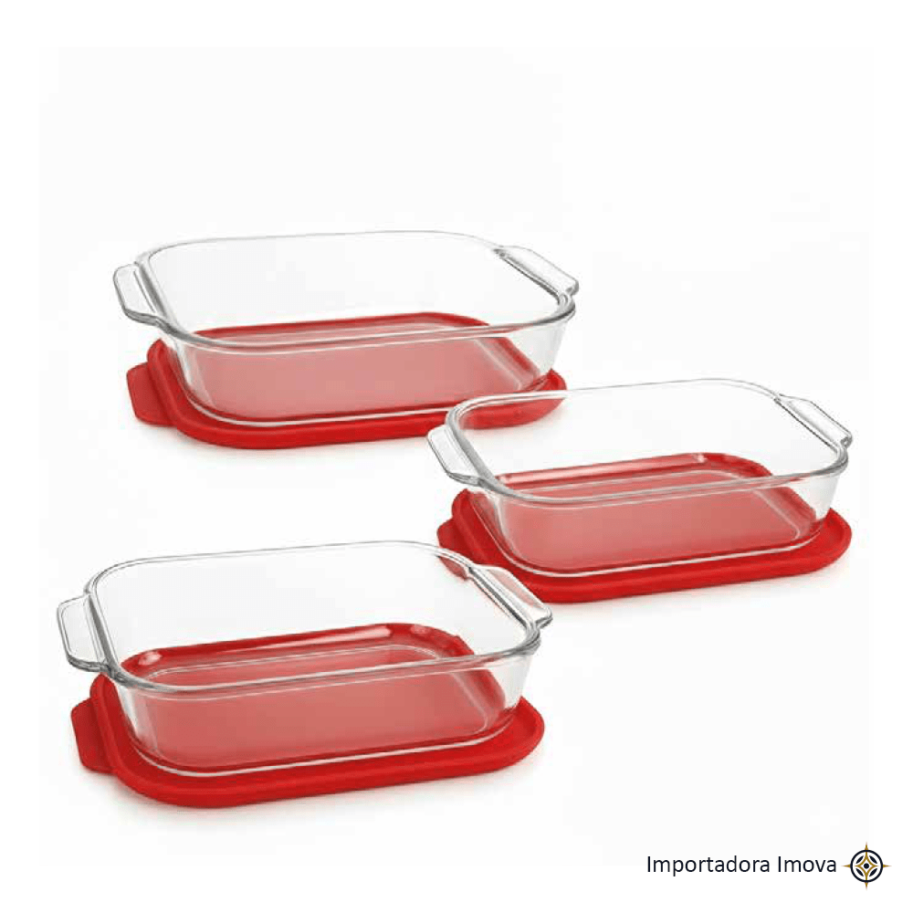 Set de 3 Fuentes de Vidrio con Tapa Hermética | Apto para Horno - Imova.pe