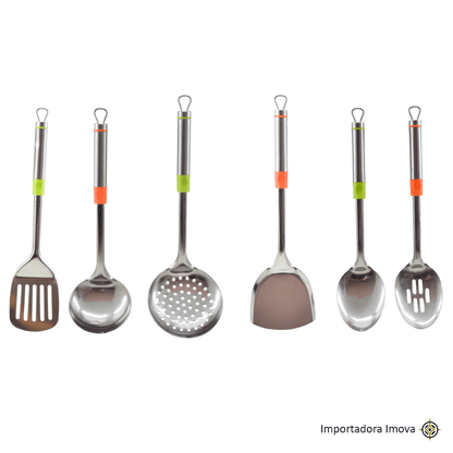 Set de Utensilios de Cocina de Acero Inoxidable 6 Piezas con Mango de Silicona - Imova.pe